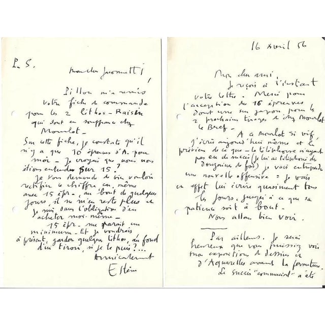 Maurice Esteve & Nesto Jacometti, Grand Pavois, Correspondence, 1956 For Sale - Image 3 of 3