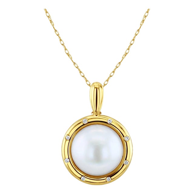 Mabe Pearl Necklace with Diamond Accented Polished Bezel 16" For Sale
