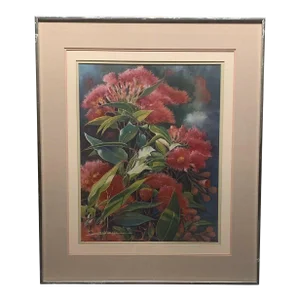 Vintage Albert Bechely Crundall 'Red Flowers Close Up' Still Life Painting