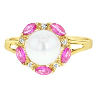 7MM Freshwater White Pearl & Ruby Diamond Halo Ring 14k Yellow Gold, Size 8 For Sale