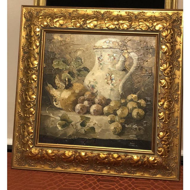 Rustic European Vintage 1996 Pam Rogers Framed Oil Painting - Still Life With Pitcher and Fruit For Sale - Image 3 of 12