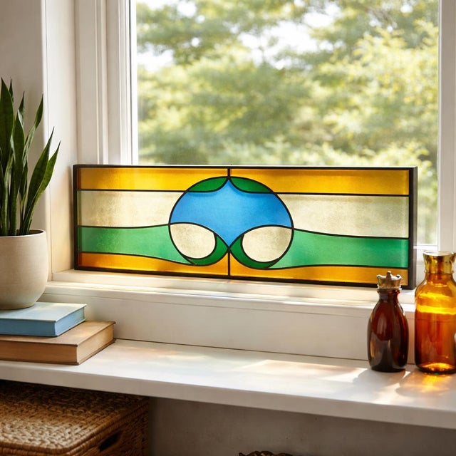 Vintage Geometric Stained Leaded Glass Window Panel For Sale - Image 12 of 12