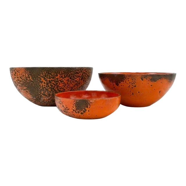 Hanova of Pasadena Rare Enameled Steel "Lava" Bowl - Rust/Orange 3pc Set For Sale