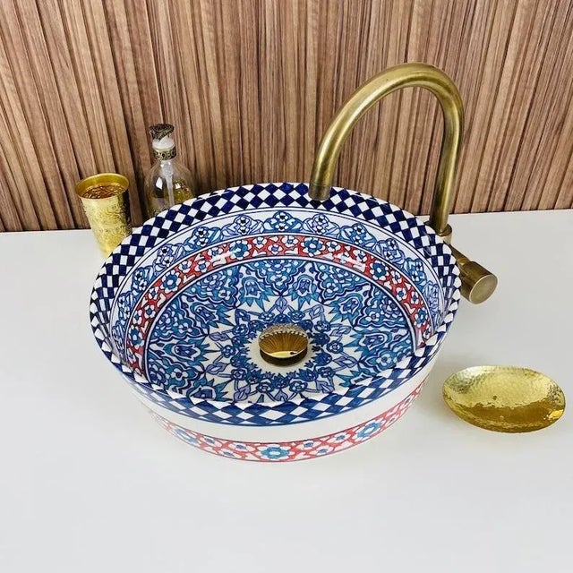 2020s Moroccan Ceramic Hand Painted Blue Ceramic Top Sink for Bathroom For Sale - Image 5 of 7