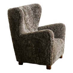 Danish Mid-Century High Wingback Armchair in Sheepskin from Fritz Hansen Denmark, 1940s For Sale