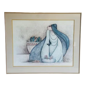 Vintage 1980s G. E. Mullan Signed Print Mujer Con Metate