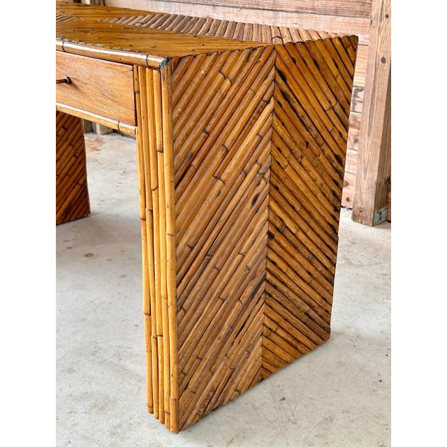 Vivai del Sud Mid-20th Century Refinished Split Rattan Chevron Two Drawer Floating Vanity or Desk For Sale - Image 4 of 12