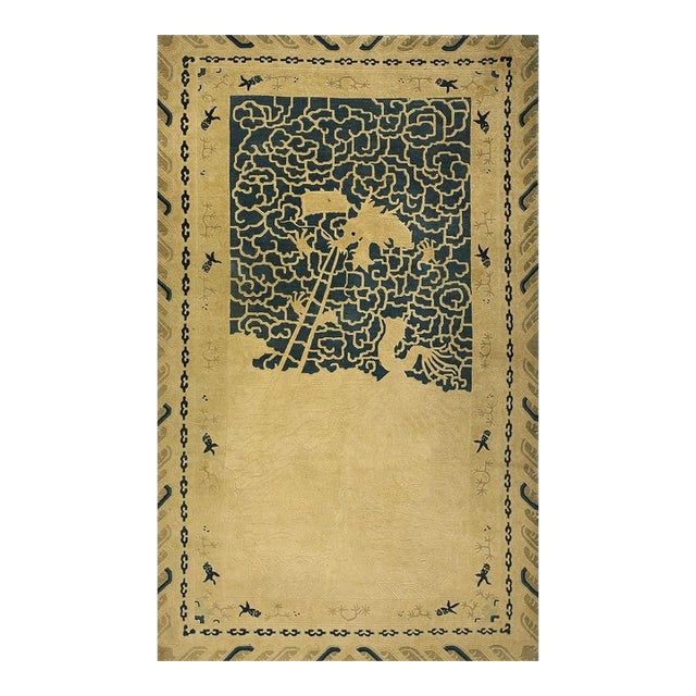 1890s Beige Dragon Qing Antique Chinese Peking Carpet Knotted Wool Small Rug For Sale