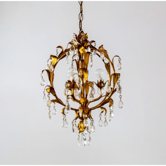 Gold Mid Century Spherical Gilt Leaves & Crystal Chandelier For Sale - Image 8 of 12