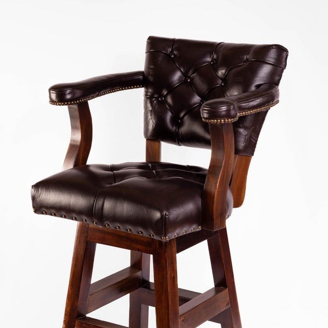 Mid-Century Modern Classic Tufted Dark Brown Leather Bar Stool Chesterfield Counter Stool Trophy Ranch Tufted Bar Stool Black Stool Swivel Western Arm Stool For Sale - Image 3 of 6