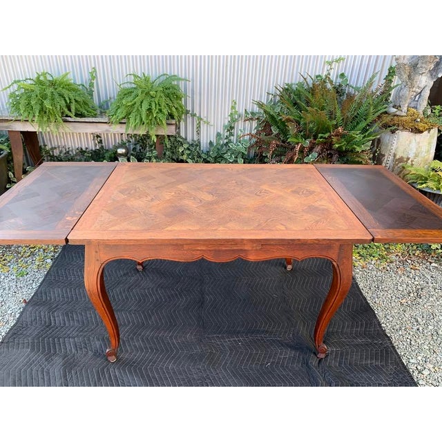 1920s 1920s French Provincial Oak Parquet Draw Leaf Dining Table For Sale - Image 5 of 11