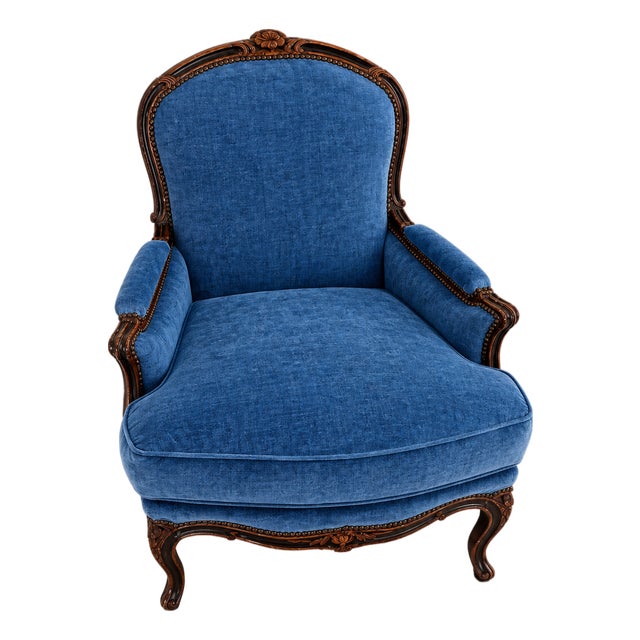 Carved Wood Armchair in Rich Blue Chenille For Sale