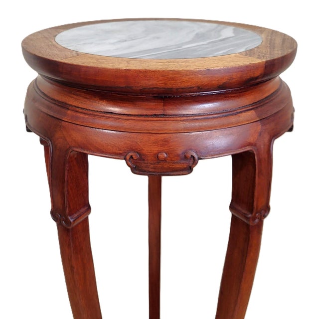 Pair Vintage Chinese Bamboo Carved Hardwood & Marble Top Plant Stand Pedestals For Sale - Image 14 of 18