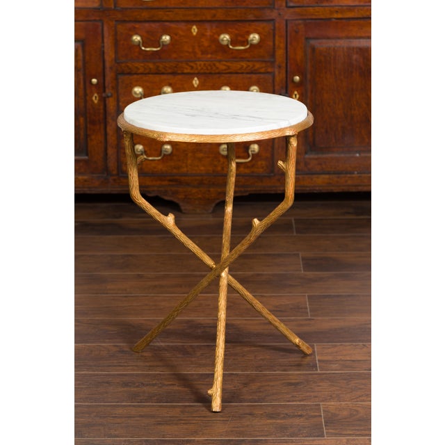 French French Vintage Gilt Metal Side Table with Faux Bois Style Legs and Marble Top For Sale - Image 3 of 11