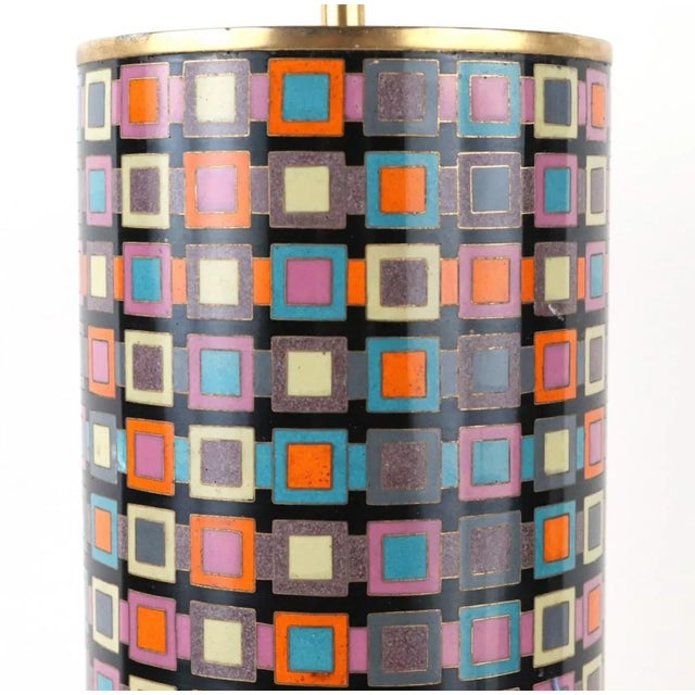 Tall cloisonné tower style table lamp in the manner of Fabienne Jouvin. Incredibly intricate, geometric patterned, enamel...