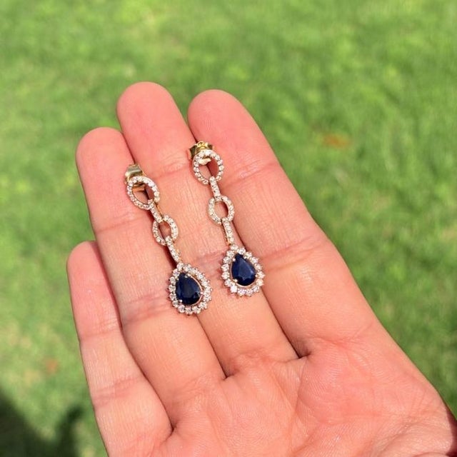 Art Deco Geometric 1.61ct Blue Sapphire & Diamond Link Drop Earrings in 14k Yellow Gold- A Pair For Sale - Image 3 of 13
