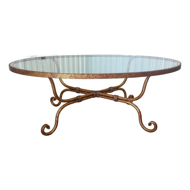 Late 20th Century Hollywood Regency Gilt Wrought Iron Glass Top Oval Cocktail Table For Sale