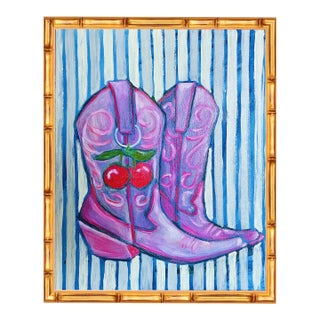 Original Framed Cowboy Boots, White Blue Red Country Art, Oil Sticks on Canvas by Tatiana Duperault For Sale