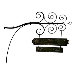 Large Antique Wrought Iron Bracket With Two-Tier Wooden Sign, "Inn & Antiques" For Sale