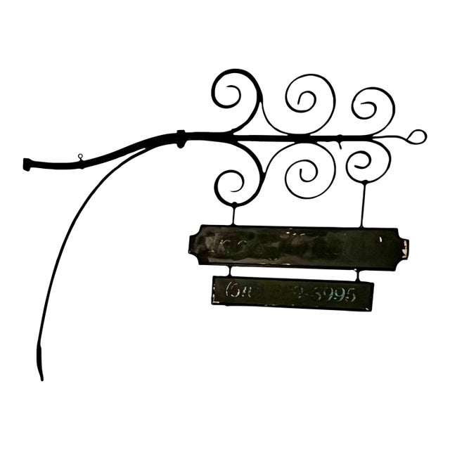 Large Antique Wrought Iron Bracket With Two-Tier Wooden Sign, "Inn & Antiques" For Sale