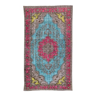 Vintage Turkish Revival Overdyed Handmade Sky Blue Medallion Wool Rug For Sale