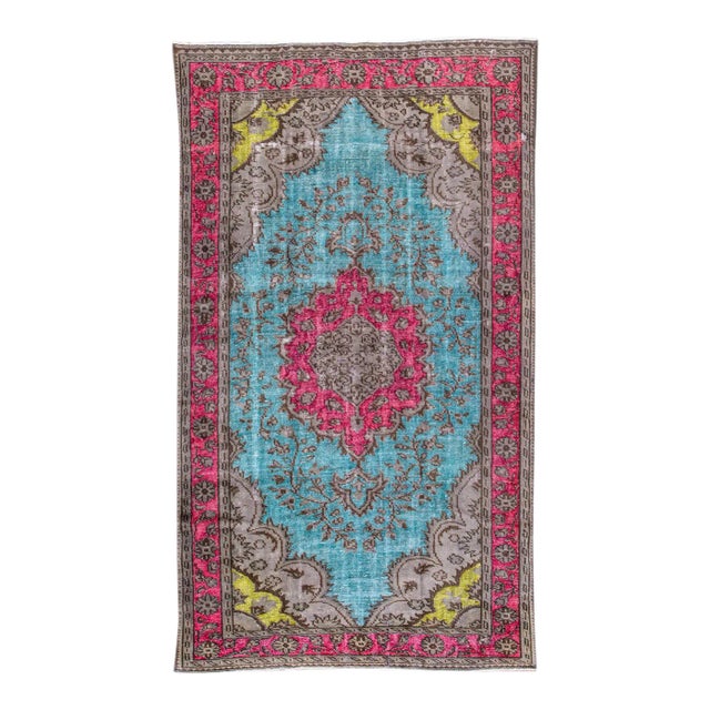 Vintage Turkish Revival Overdyed Handmade Sky Blue Medallion Wool Rug For Sale