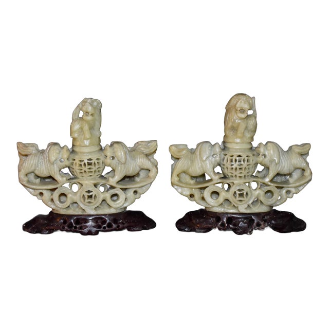 Chinese Hand Carved Soapstone Incense Burner Censer Koro Foo Dogs Lions Pair For Sale