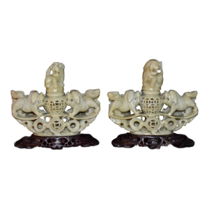 Chinese Hand Carved Soapstone Incense Burner Censer Koro Foo Dogs Lions Pair