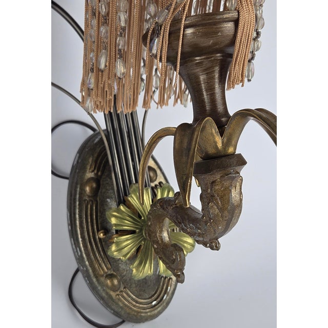 1970s Hollywood Regency Italian Gilt Torchère Wall Sconces With Beaded Fringe Shades - a Pair For Sale - Image 11 of 11