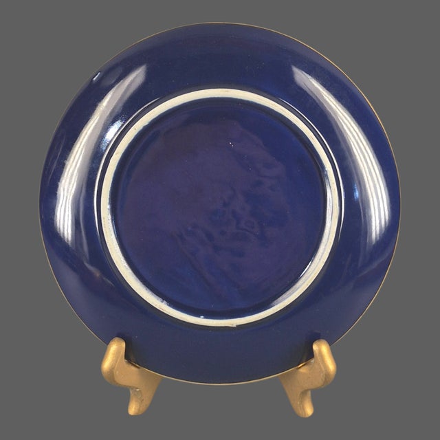 Ceramic Vintage Asian Chinoiserie Cobalt Blue Gilded Figural Scene Decorative Plate For Sale - Image 7 of 8