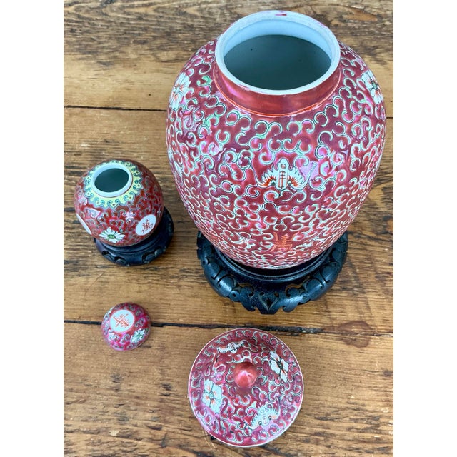 Set of 2 Vintage Porcelain Ginger Jars With Lids and Carved Wood Stands For Sale - Image 10 of 12