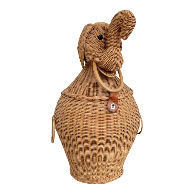 Vintage 1980s Wicker Whimsical Mario Lopez Torres Style Elephant Hamper For Sale