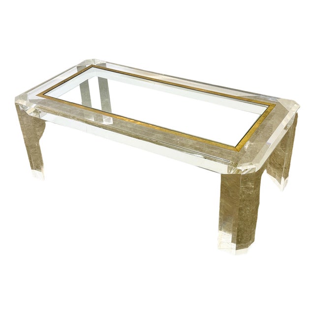 Acrylic Glass Coffee Table with Brass Details and Glass Plate, France, 1980s For Sale