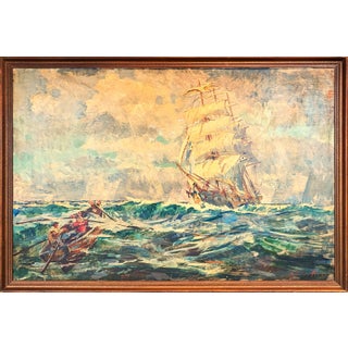 Niels Peter Bolt Early Naturalistic Nautical Painting of a Whaling Ship and Crew at Sea, 1945 For Sale