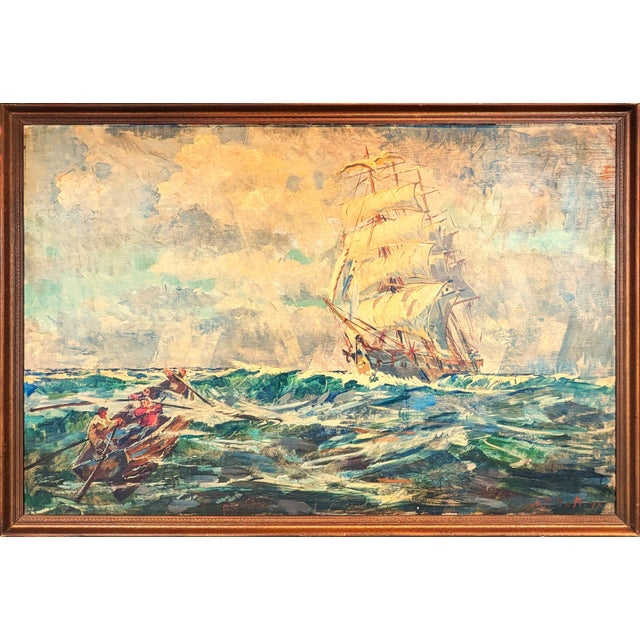 Niels Peter Bolt Early Naturalistic Nautical Painting of a Whaling Ship and Crew at Sea, 1945 For Sale