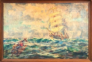 Niels Peter Bolt Early Naturalistic Nautical Painting of a Whaling Ship and Crew at Sea, 1945