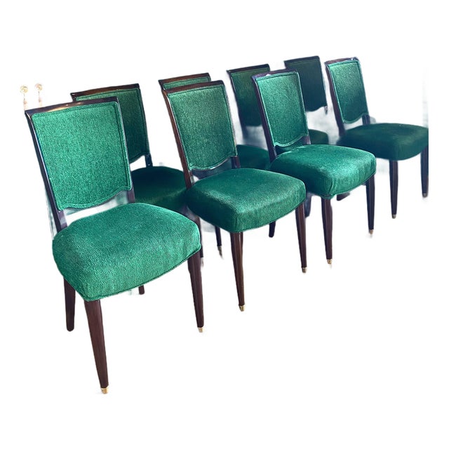 Set of Eight Jules Leleu Dining Chairs, Newly Restored in Emerald Bouclé For Sale