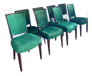 Set of Eight Jules Leleu Dining Chairs, Newly Restored in Emerald Bouclé
