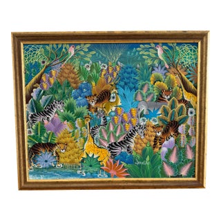 1980s Original Signed Fritzner Louis Haitian Jungle Painting | Framed Oil on Canvas | 30" X 24" For Sale