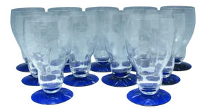 Vintage 1930s Weston Cut Glass Ice Tea Glasses With Floral Design and Cobalt Foot - 11 Pieces