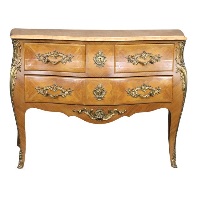 Pale Walnut French Louis XV bronze Mounted Marble Top 3 Drawer Commode For Sale