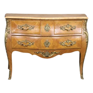 Pale Walnut French Louis XV bronze Mounted Marble Top 3 Drawer Commode