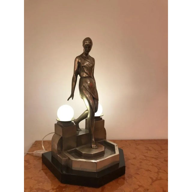 Silver Art Deco Female Bronze Table Lamp Signed by Fayral For Sale - Image 8 of 11