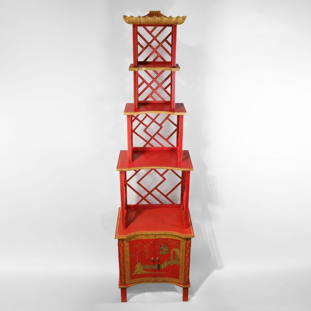 Vintage Chinoiserie Red Lacquer Duchess of Windsor Style Pagoda Etagere Cabinet For Sale - Image 4 of 18