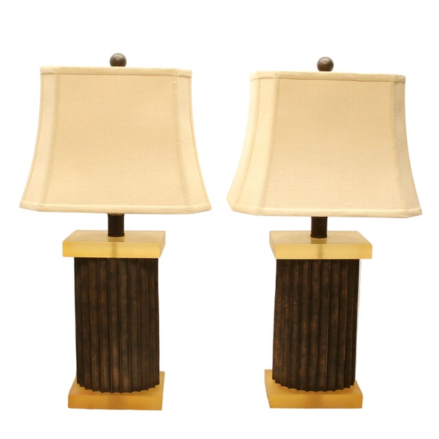 Mid-Century Modern Vintange Pair of Fluted Column Table Lamps With Amber Resin & Brass For Sale - Image 3 of 5