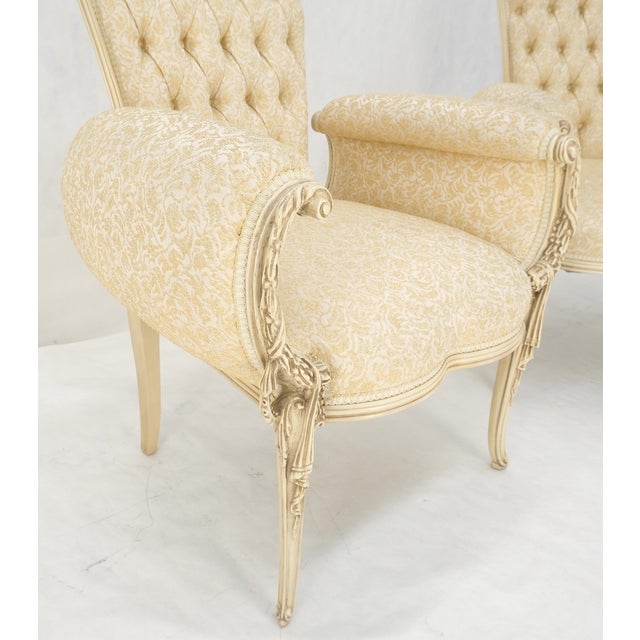Rococo Pair Rococò Louis XVI Style Tufted Pierce Carved Backs Off White Fireside Chairs For Sale - Image 3 of 12