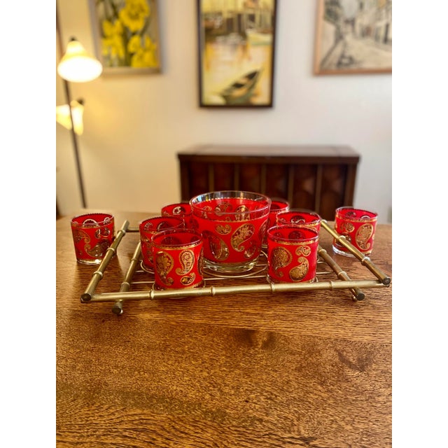 1960s Culver Paisley Old Fashioned Drinking Glasses With Ice Bucket and Serving Tray Set- 10 Pieces For Sale - Image 11 of 11