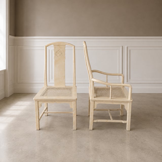 Wood Vintage Late 1970s Set of 6 Henredon Chinoiserie Dining Chairs – Cream Lacquer, Cane Seats, Custom Cushions For Sale - Image 7 of 14