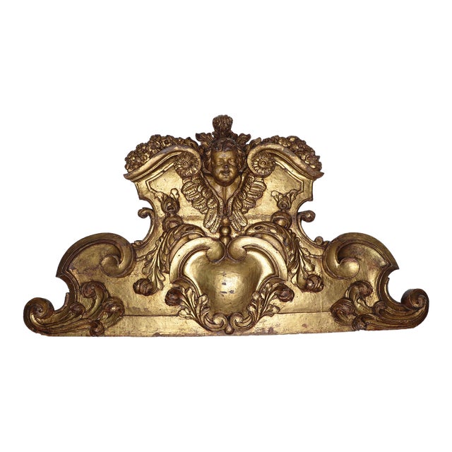 Large Portuguese Antique Wooden Cherub, Baroque Gold Leaf Angel, 18th Century, Sacred Sculpture For Sale