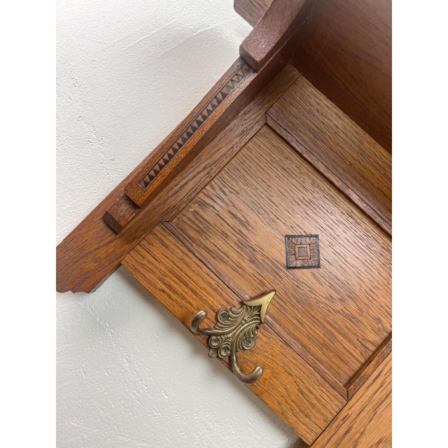Art Deco Oak Wall Coat Rack with Beveled Mirror, 1920s For Sale - Image 4 of 8